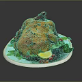 Golden Roast Chicken Plated With Fresh Vegetables Fruits And Herbs