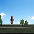 Traditional Ancient Chinese Pagoda With Multi Story Structure Red Yellow Roof And Green Grass