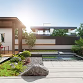 Modern Courtyard Garden Design With Water Feature Lush Greenery Stone Pathway And Wooden Pavilion