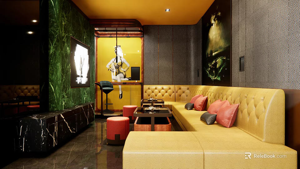 Luxury KTV Interior Design With Yellow Tufted Sofa Warm Lighting And Decorative Artworks 3d model 