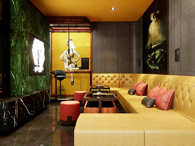 Luxury KTV Interior Design With Yellow Tufted Sofa Warm Lighting And Decorative Artworks 3d model