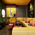 Luxury KTV Interior Design With Yellow Tufted Sofa Warm Lighting And Decorative Artworks