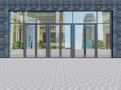 Modern Glass Entrance Door With Brick Wall Paved Ground And Building Reflections 3d model