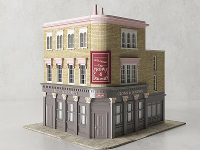 Two Story Brick Commercial Complex With Red Signage And Storefront Windows 3d model