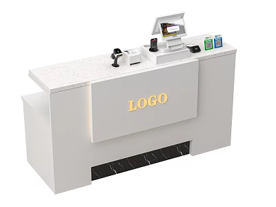 Modern White Front Desk Reception Counter With Cash Register Printer LOGO And Items 3d model