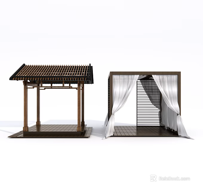 Traditional And Modern Gazebo Structures With Tile Roof Wooden Frame And White Curtains 3d model 