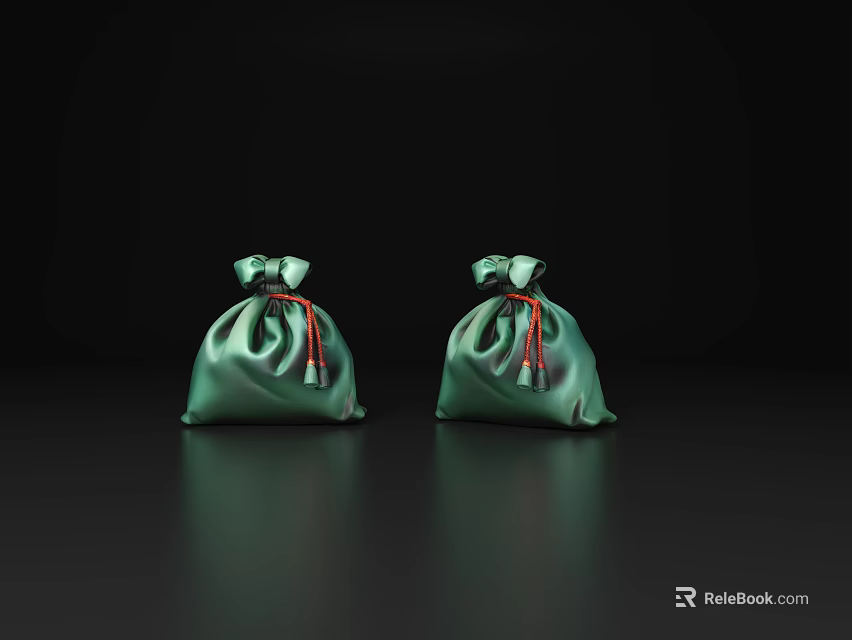 Two Green Silk Pouches With Red Strings On Black Background With Reflections 3d model 
