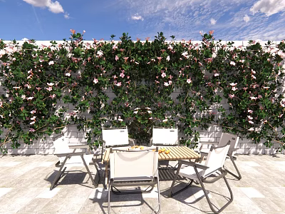 Lush Green Flowering Vines Covered Wall In Outdoor Patio With Wooden Table And Chairs 3d model