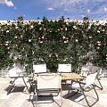 Lush Green Flowering Vines Covered Wall In Outdoor Patio With Wooden Table And Chairs