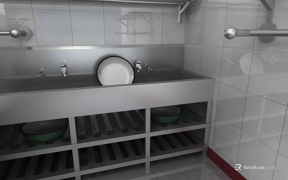 Stainless Steel Sink With Faucets Shelves And Tiled Walls In Modern Setting 3d model 