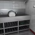 Stainless Steel Sink With Faucets Shelves And Tiled Walls In Modern Setting