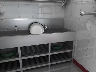 Stainless Steel Sink With Faucets Shelves And Tiled Walls In Modern Setting 3d model
