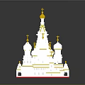 Cartoon Style Castle Scene With White Domes Golden Accents Pink Body And Red Base