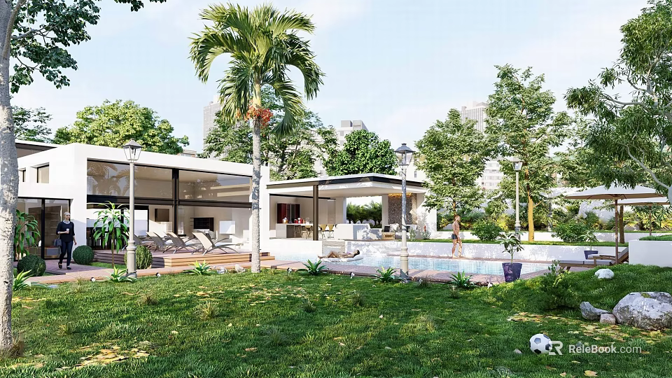 Modern Detached Villa With Swimming Pool Terrace Palm Trees And Lush Lawn 3d model 