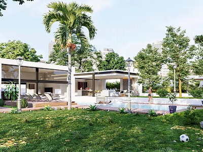 Modern Detached Villa With Swimming Pool Terrace Palm Trees And Lush Lawn 3d model