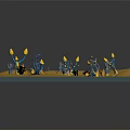 Cartoon Fantasy Scene With Yellow Ground Blue Plants Yellow Flowers And Small Black Creatures