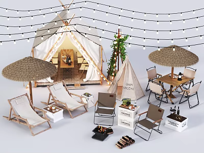 Outdoor Camping Relaxation Area Featuring Wooden Table Straw Umbrellas String Lights And Chairs 3d model