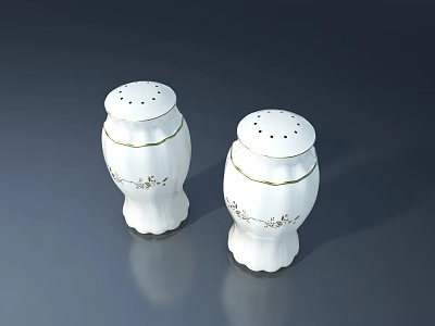 White Ceramic Salt Pepper Shakers With Gold Patterns Perforated Tops On Dark Background With Reflections 3d model