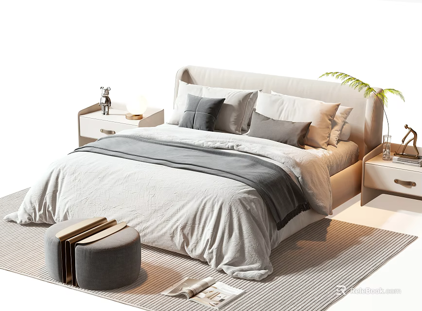Cozy Double Bed With Headboard Gray Quilt Pillows And Nightstands On Striped Rug 3d model 