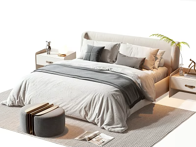 Cozy Double Bed With Headboard Gray Quilt Pillows And Nightstands On Striped Rug 3d model