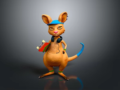 Playful Cartoon Kangaroo Character With Blue Cap Pink Headphones And Red Skateboard 3d model