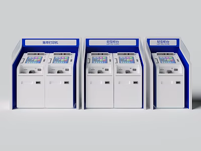 Public Facility Row Of White And Blue Self Service Kiosks With Digital Screens 3d model