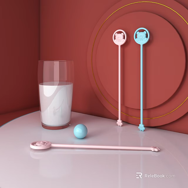 Milk Glass With Colorful Stir Sticks And Blue Ball 3d model 