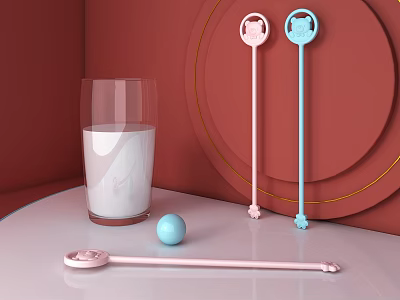 Milk Glass With Colorful Stir Sticks And Blue Ball 3d model