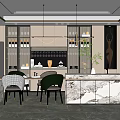 Modern Restaurant Interior With Open Kitchen Marble Countertop Dining Table And Pendant Lights 3d model