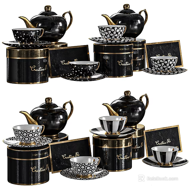 Luxurious Black Dinnerware Set With Patterned Teapots Cups Saucers And Gold Accents 3d model