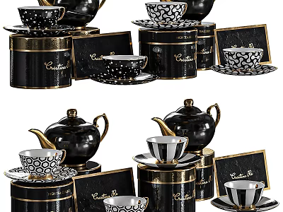 Luxurious Black Dinnerware Set With Patterned Teapots Cups Saucers And Gold Accents 3d model