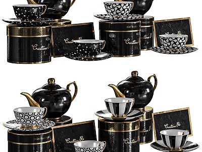 Black Gold Tableware Combination Tableware Kettle Dinner Plate Cup Black Gold Fashion Kitchen Supplies Bowl 3d model