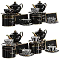 Luxurious Black Dinnerware Set With Patterned Teapots Cups Saucers And Gold Accents 3d model