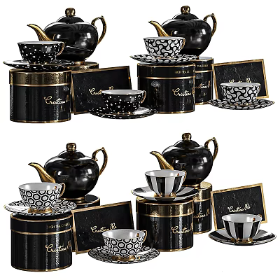 Luxurious Black Dinnerware Set With Patterned Teapots Cups Saucers And Gold Accents 3d model
