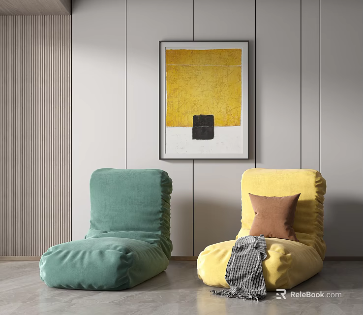 Green and Yellow Bean Bag Chairs with Brown Cushion and Gray Blanket by Wall Painting 3d model 