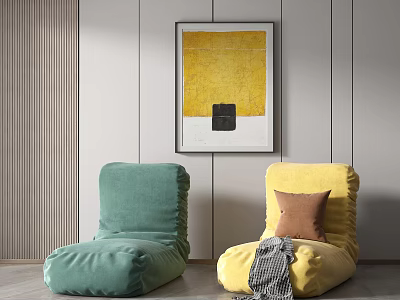 Green and Yellow Bean Bag Chairs with Brown Cushion and Gray Blanket by Wall Painting 3d model