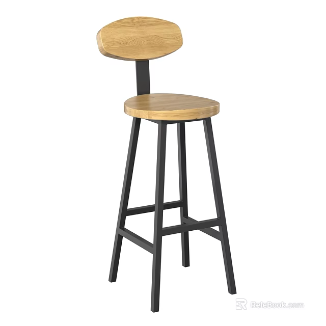 Wooden Bar Stool With Black Metal Frame And Curved Backrest Design 3d model 