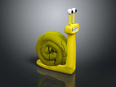 Yellow Snail Toy Figure With Big Eyes Smiling Mouth And Spiral Shell With Black Patterns 3d model