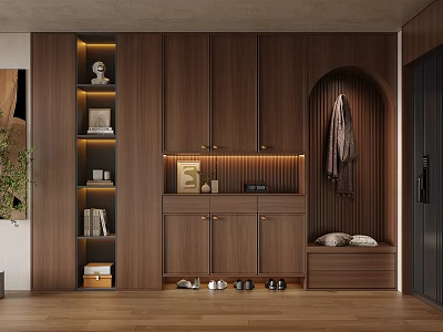Modern Wooden Shoe Cabinet With Storage Shelves Coat Hanger And Bench In Contemporary Entryway 3d model