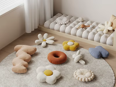 Decorative Pillows with Flower Donut Cloud and Bear Shapes in Pastel Colors on Round Rug 3d model