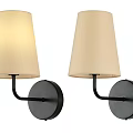 Pair of Modern Wall Lamps with Beige Fabric Shades and Black Metal Brackets