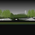 Modern Sales Office Building With Green Lawn Water Features Trees And Parking Area