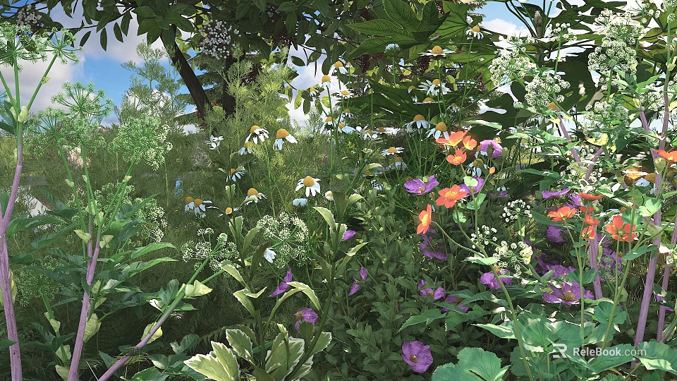 Colorful Mixed Flowers In Sunlit Garden With Purple Orange White Blooms And Green Leaves 3d model 