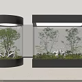 Indoor Landscape With Black Lighted Display Cases Green Plants Small Trees And White Deer Decorations