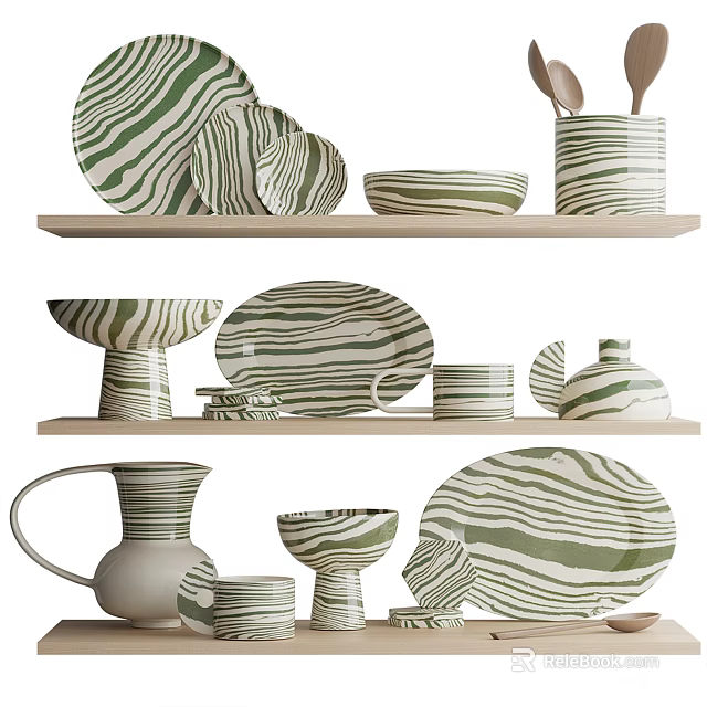Green And White Striped Kitchenware Plates Bowls On Shelves 3d model 