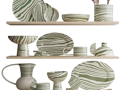 Green And White Striped Kitchenware Plates Bowls On Shelves 3d model