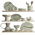 Green And White Striped Kitchenware Plates Bowls On Shelves