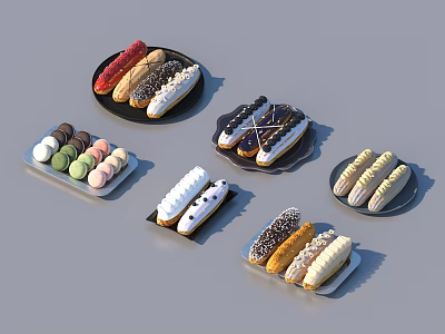 Variety Of Decorated Eclairs With Chocolate Vanilla And Colored Frosting On Plates 3d model