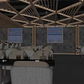 Modern Bar Interior With Wooden Ceiling Open Space Tables Chairs And Windows 3d model