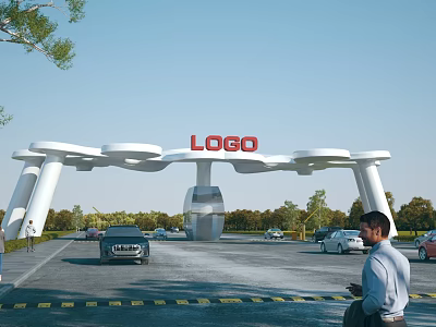 White Arched Entrance Gate With LOGO On Top Surrounded By Cars Man Trees Blue Sky 3d model